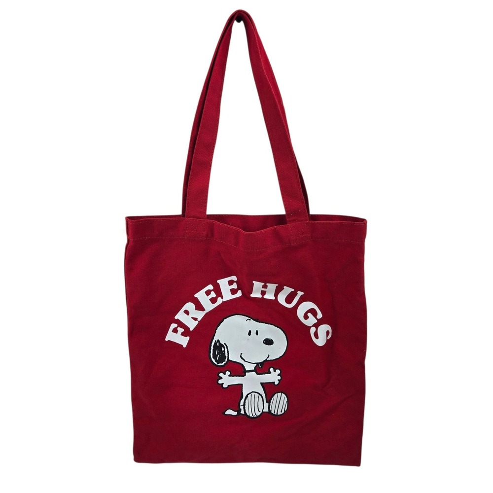 Peanuts Snoopy Tote Bag Free Hugs Graphic Canvas Red Book Bag Carryall 15" NWOT
